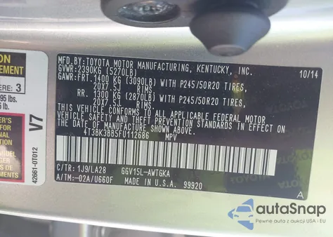 2015 Toyota Venza Xle V6 z USA, uszkodzony, nr VIN 4T3BK3BB5FU112686